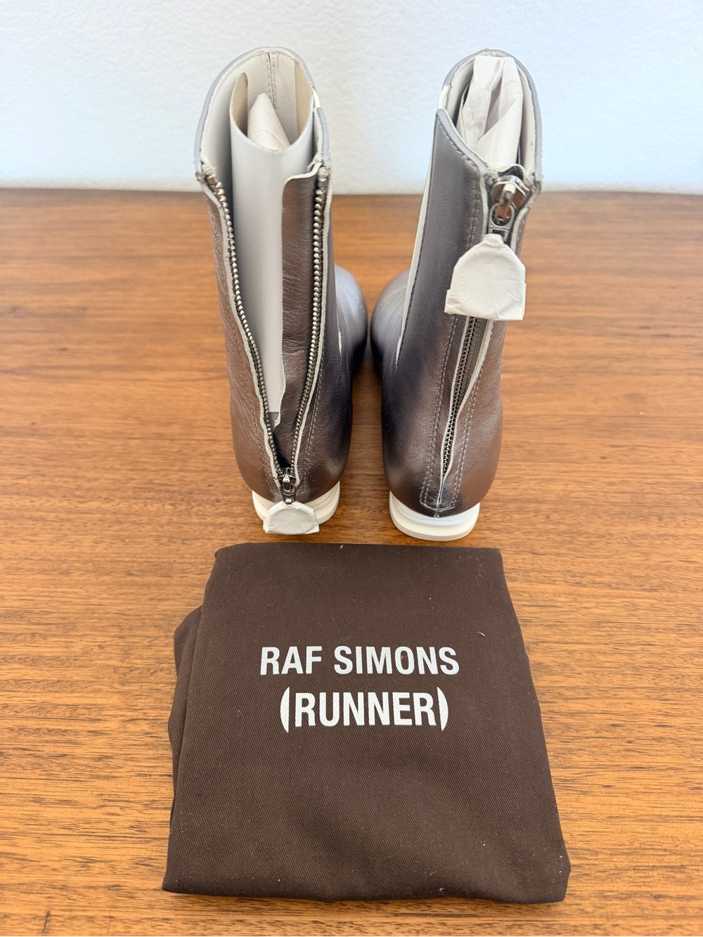 Raf Simons Silver Leather Zip-Back Runner Boots with White Trim